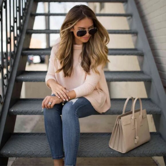 We the Free Lover Split Back Ribbed Sweater Pullover Peachy Pink Raw Hem - Picture 1 of 10